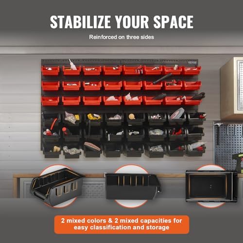 vevor 48-bin wall mounted storage bins parts rack, side view