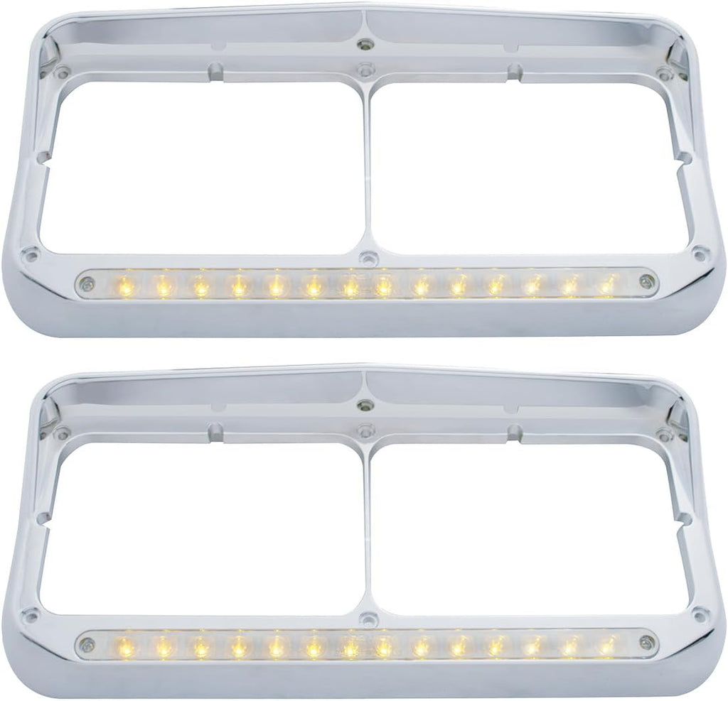 United Pacific 32352P2 Chrome Rectangular 14 LED Dual Headlight Bezel w/Visor, Chrome Plated, Injection Molded Plastic, LED Light Bar Pre-Installed – Amber LED/Clear Lens – 2 Pack