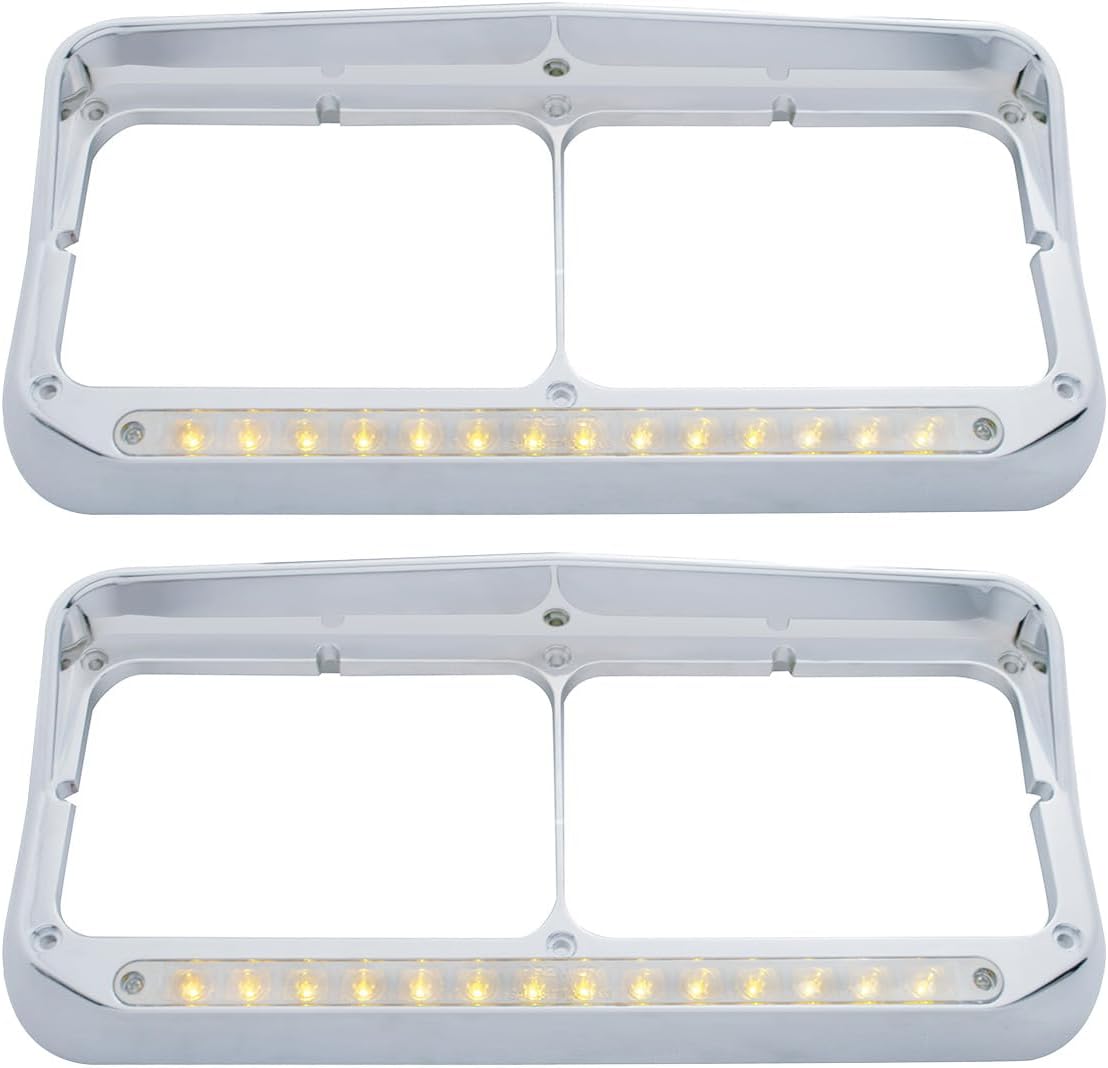 United Pacific 32352P2 Chrome Rectangular 14 LED Dual Headlight Bezel w/Visor, Chrome Plated, Injection Molded Plastic, LED Light Bar Pre-Installed – Amber LED/Clear Lens – 2 Pack