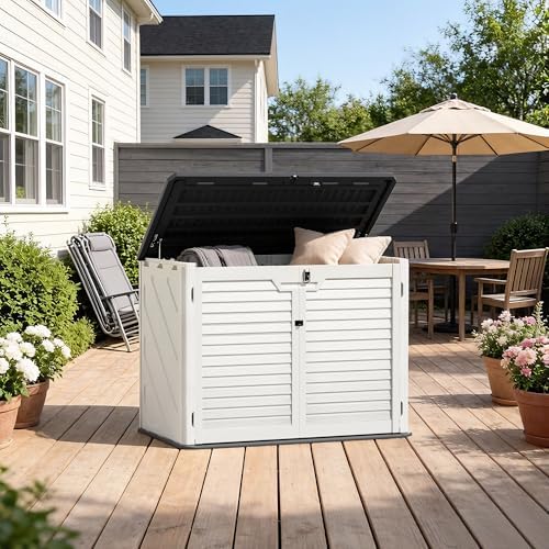 31 cu.ft outdoor storage, lockable vertical resin outdoor on a desk or shelf