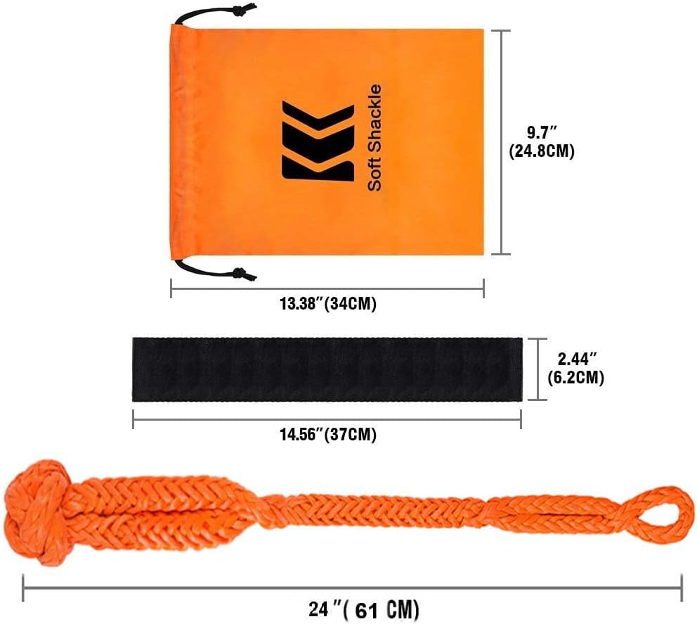 Soft Shackle, 1/2" X 24" Light Weight Shackle (56,000 LBS Breaking Strength) with Extra Sleeves for Sailing, SUV, Off Road Towing, ATV (2-Pack Orange Shackle Recovery)