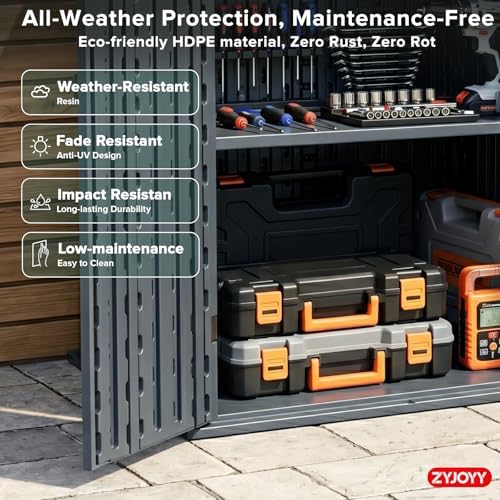 outdoor storage cabinet with 2 shelves, waterproof resin, side view