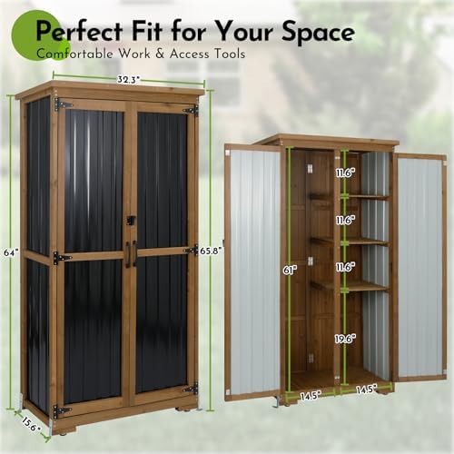 outdoor storage cabinet with shelf, wood & metal showing dimensions