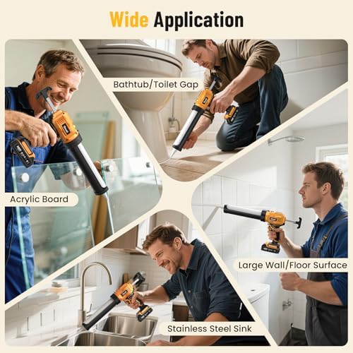 electric caulking gun, cordless caulk gun with 2x on a desk or shelf
