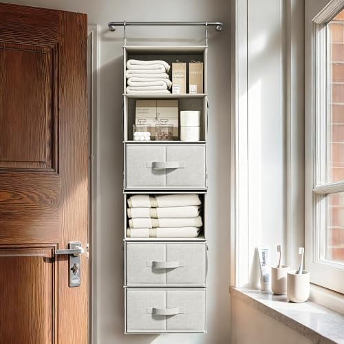 6-shelf hanging closet organizer with 3 drawers, separable, front angle view