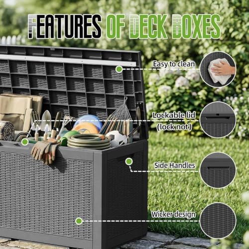 190 gallon outdoor storage box waterproof lockable deck on a desk or shelf