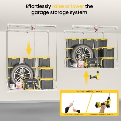overhead garage storage rack for 10-12ft ceiling, heavy-duty showing dimensions