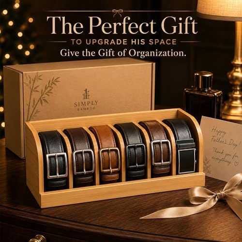 minboo bamboo belt organizer box,6 grids belt rack on a desk or shelf