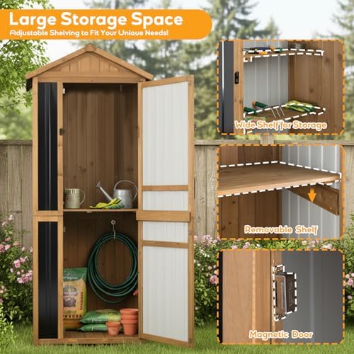 outdoor storage cabinet, extra-tall shed with removable shelf shown in use
