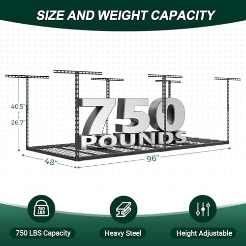 4x8 ft overhead garage storage rack,750lbs weight capacity shown in use