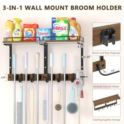 broom and mop organizer wall hanging with cleaning, close-up detail