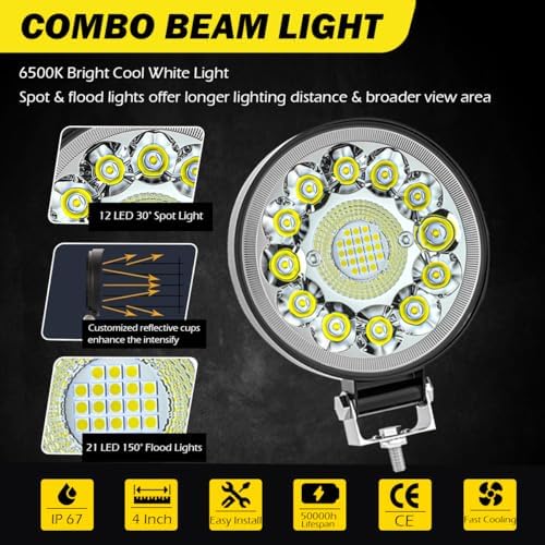 4 Inch Round LED Spot Light, 12V 24V LED Tractor Light 99W Offroad Driving Fo...