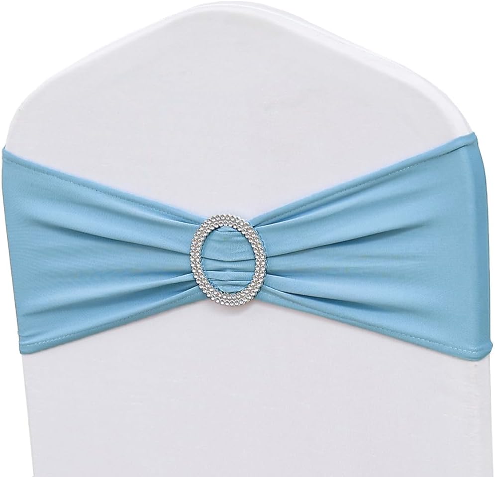 50 Pack Spandex Baby Blue Chair Sashes Bows Stretch Elastic Light Blue Chairs Bands with Buckles Ties for Party Celebration Ceremony Events Wedding Decorations
