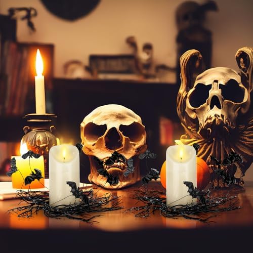Yunlly 4 Pcs Halloween Candle Rings Wreath Black Black Twig Bat, Bat