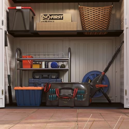 ehhly vertical resin storage shed, 60 cuft garden, front angle view