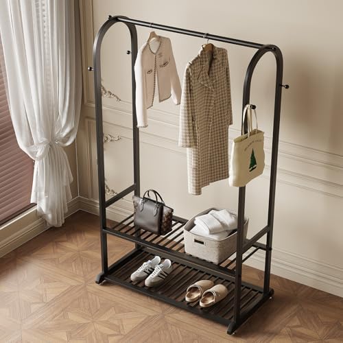black clothing rack for hanging clothes,sturdy metal clothes, front angle view
