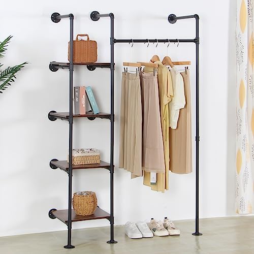 industrial pipe clothing rack with shelves, 71inch wall shown in use