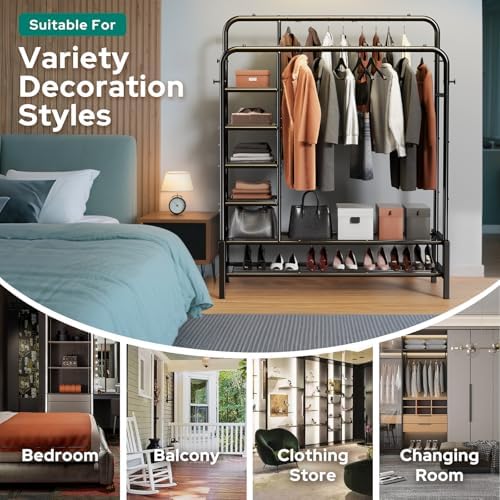 clothes rack with shelves, double rods clothing rack showing dimensions