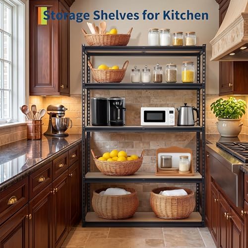 heavy duty garage storage shelves, 5-tier metal adjustable, front angle view