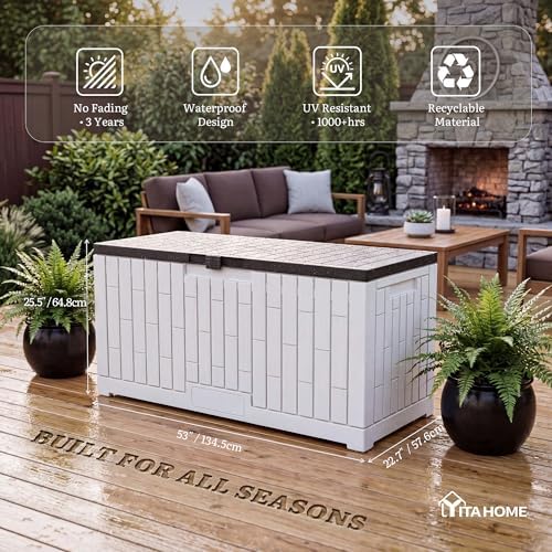 yitahome 120 gallon outdoor storage deck box showing dimensions