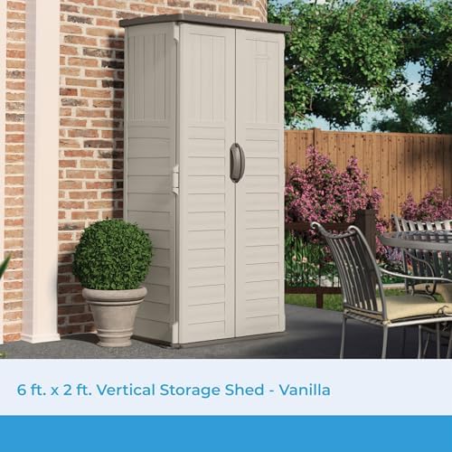 suncast vertical outdoor storage shed with all-weather construction shown in use