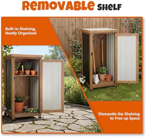 small outdoor storage cabinet, wood & metal storage, close-up detail
