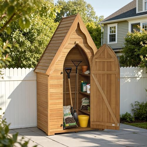 mcombo outdoor storage cabinet, wooden garden tool shed shown in use