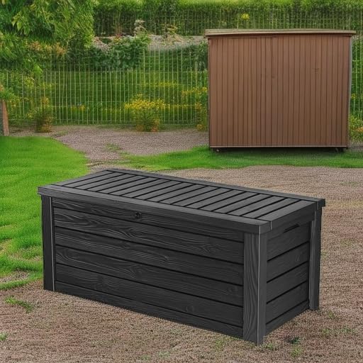 keter westwood outdoor storage deck box, 150 gallon showing dimensions