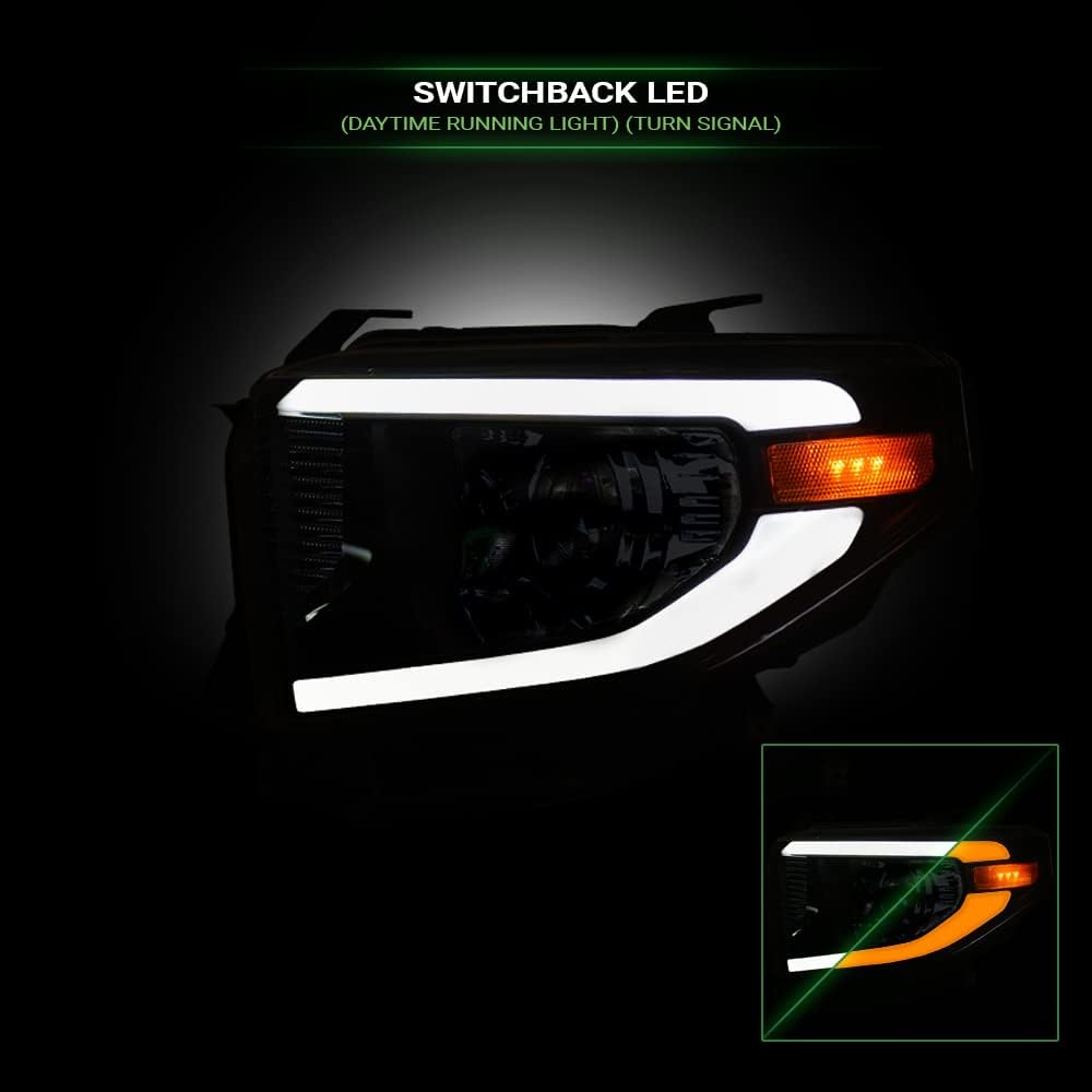 Switchback Sequential LED Strip Tube Bar Black Housing Projector Headlights Amber Reflector nb Compatible With 14-21 Toyota Tundra With Level Adjuster