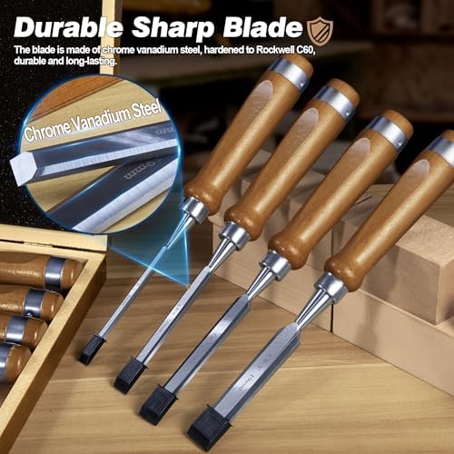 cr-v60 steel wood chisel set with sharpening kit, close-up detail
