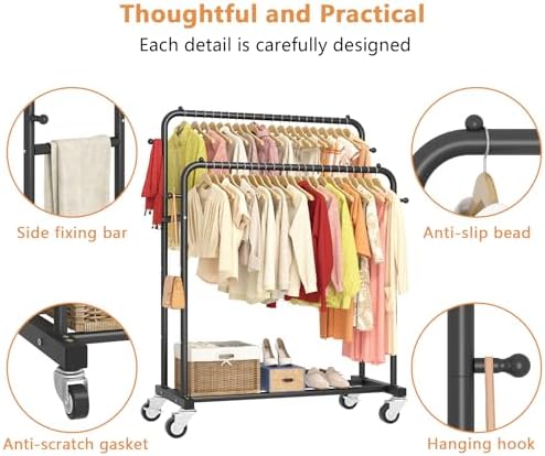 laiensia double rods garment rack with wheels, clothing showing dimensions
