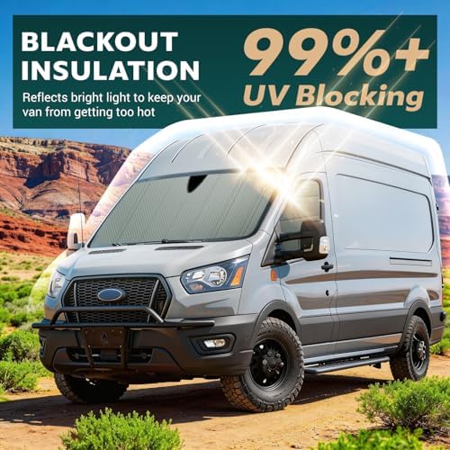 Extra-Thick Windshield Cover for 2015-2026 Ford Transit Medium/High Roof Van, Full Coverage Foldable Insulated Blackout Windshield Sunshade, Camper Van Accessories,AllSeasonGuard pro