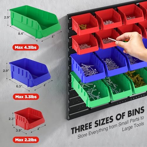 workpro 44pcs wall mounted storage bins for garage showing dimensions
