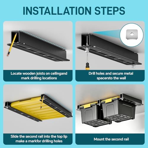 woofog ceiling utility bin rails storage rack, overhead, side view
