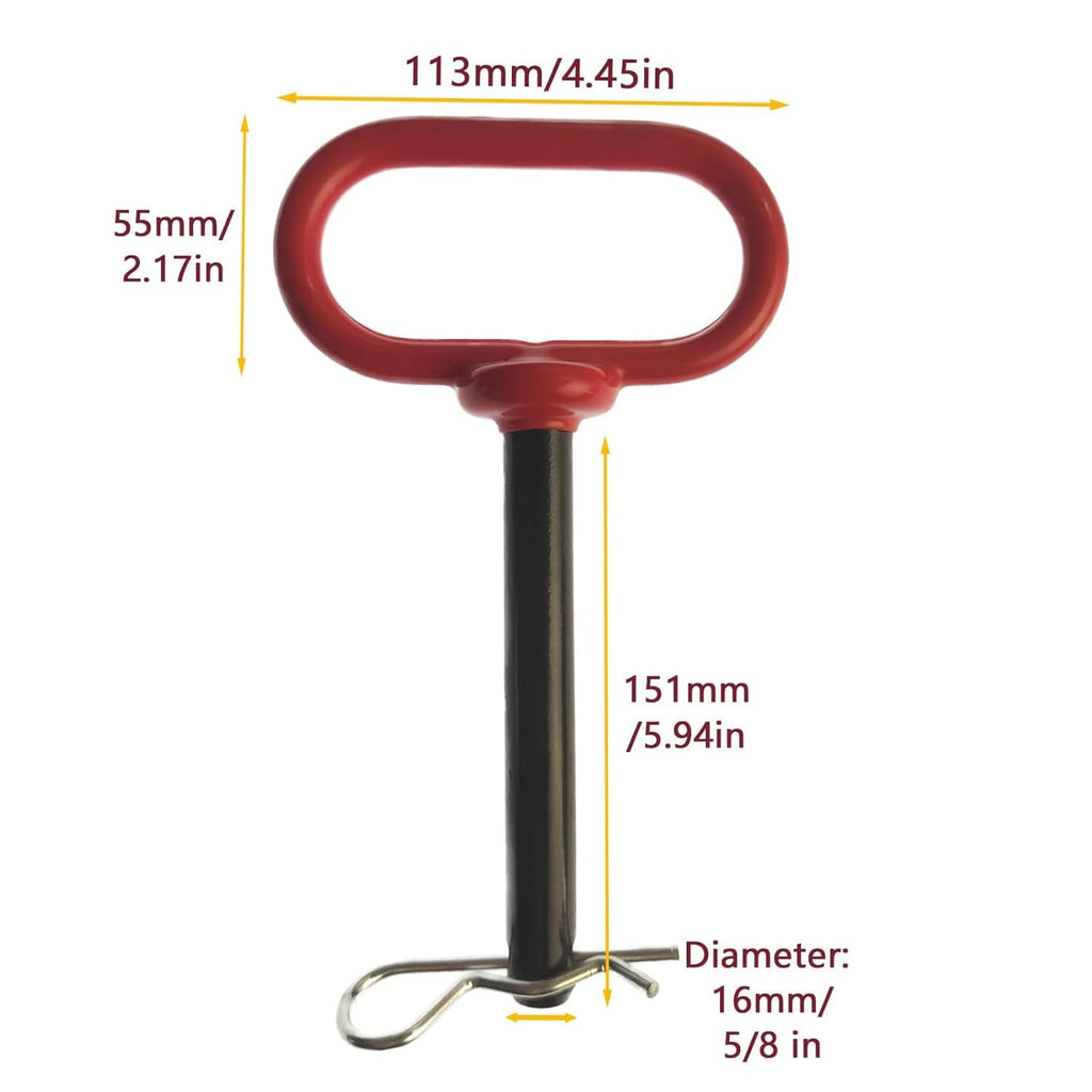 5/8 x 6 Inch Trailer Hitch Pin with R-Clip for Tractor Lawn Mower | red steel pin set, quick lock and release, universal hitch attachment, outdoor farm equipment use, secure coupling connection