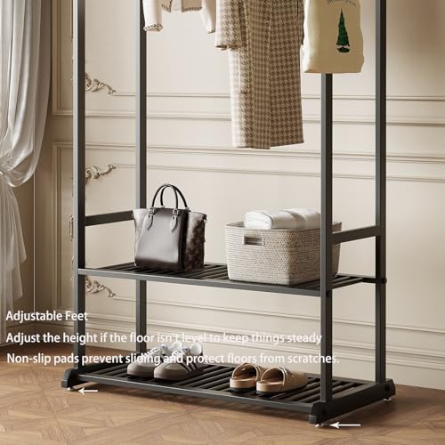 black clothing rack for hanging clothes,sturdy metal clothes, side view