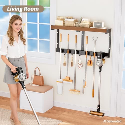 broom and mop organizer wall hanging, broom hanger on a desk or shelf