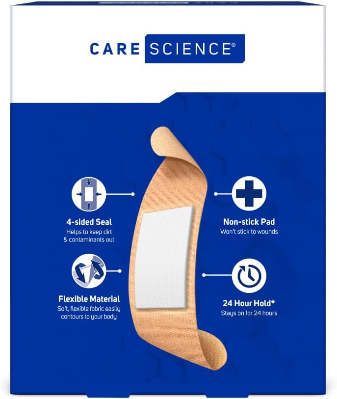 care science fabric adhesive bandages, assorted sizes, 50, side view