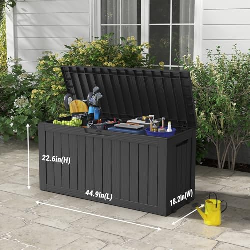 mars villa 75 gallon deck box, outdoor storage shown in use