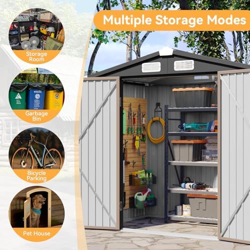 aoxun 6x4 ft outdoor storage shed, brown on a desk or shelf