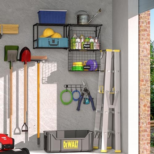 threehio garage shelf wall mounted with wire baskets, side view
