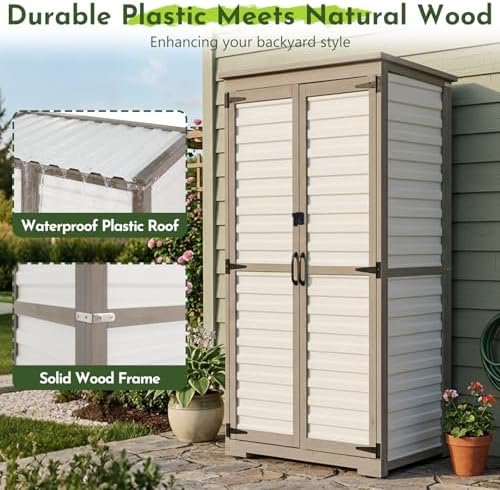 tall outdoor storage cabinet with adjustable shelves, white on a desk or shelf