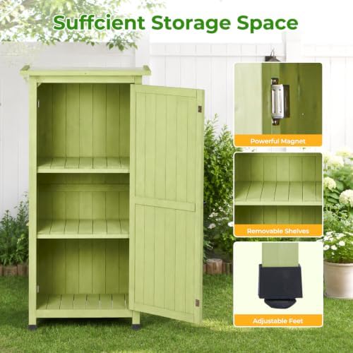 wooden outdoor storage cabinet, vertical garden tool shed shown in use