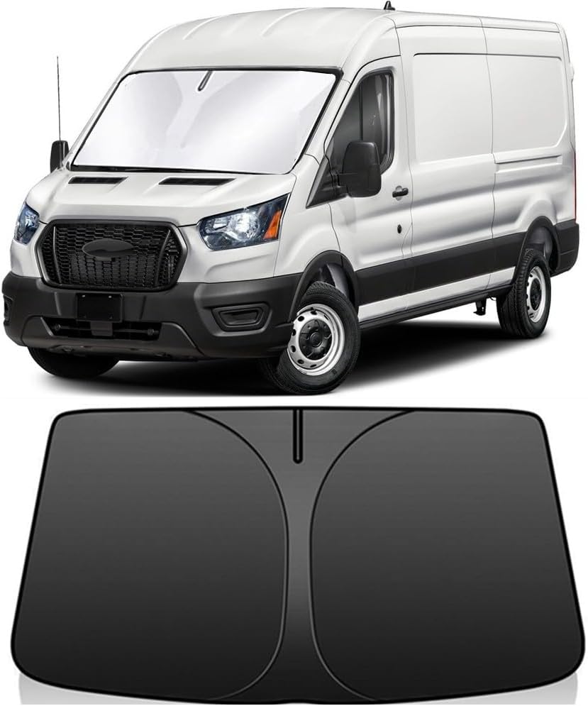 Windshield Sun Shade for 2015-2026 Ford Transit 150 250 350 350HD 240T Reflective Fabric Double-Layer Design Front Window Blocks UV Rays and Heat Automotive Interior Protector Keep Your Car Cooler