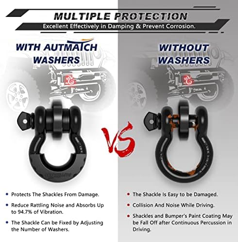 AUTMATCH Pack of 16 D Ring Shackle Washers Rubber Spacers Fits 3/4 Shackle Protect Your Bumper and Prevents Rattling Black