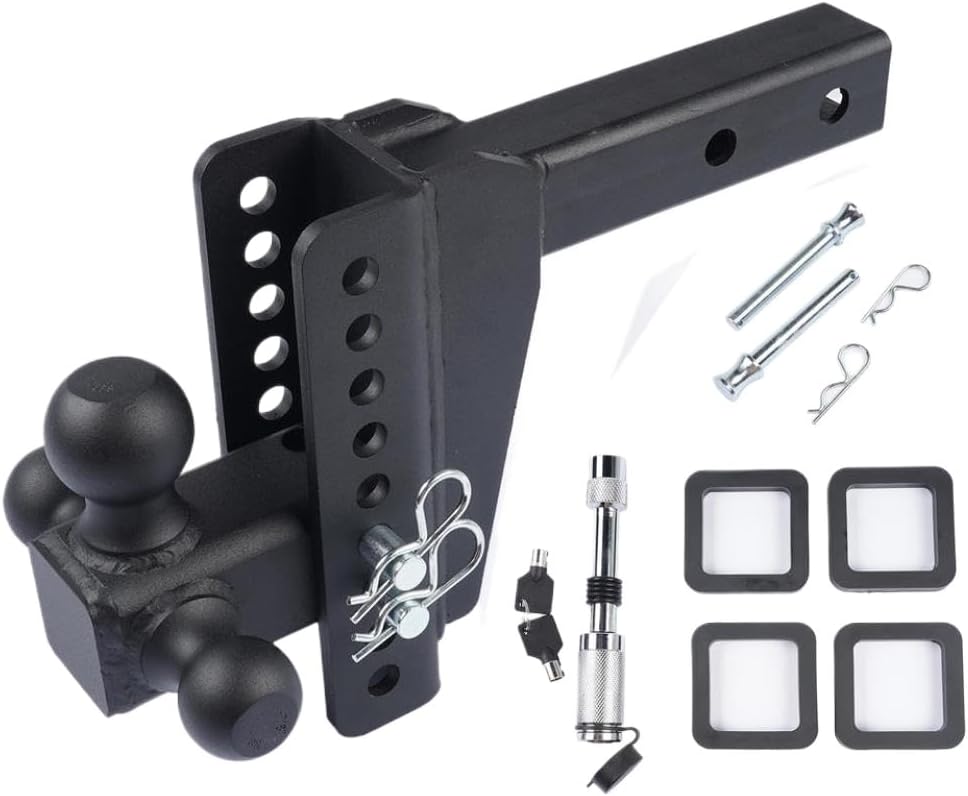 Black Tri-Ball Trailer Hitch Fits 2 Inch Receiver 8 Inch Drop and Rise 18500 LBS