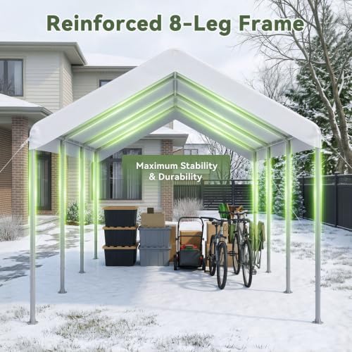 aoxun 10x20 ft heavy duty carport, adjustable height showing dimensions