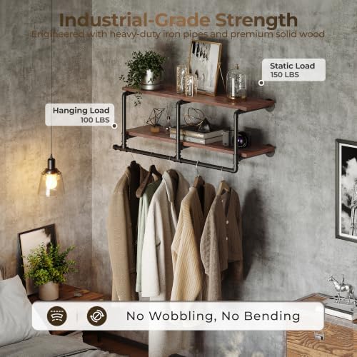 industrial pipe clothing rack with top shelf, space-saving, close-up detail