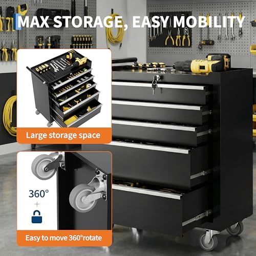 garvee rolling tool chest, 5 drawers tool storage, side view