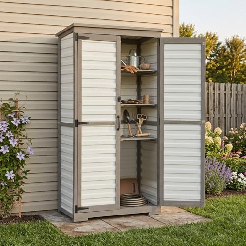 tall outdoor storage cabinet with adjustable shelves, white shown in use